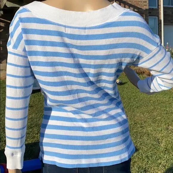 Lauren Ralph Lauren Women's White Blue Stripe Waffle Long Sleeve Sweater Top S - Picture 7 of 8